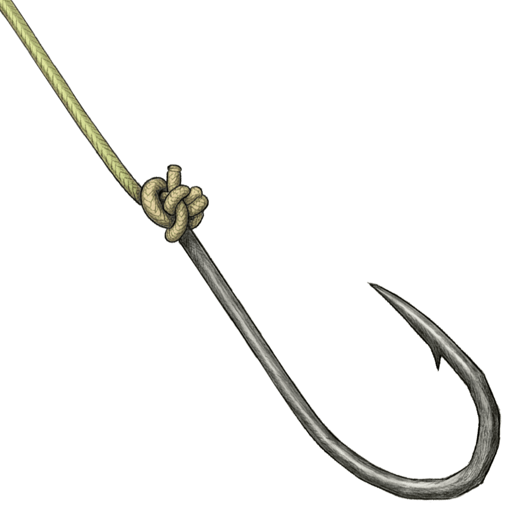 Illustration of the completed Turle Knot tied to an eyed fishing hook, with the loop seated behind the neck of the hook for a straight in-line pull.