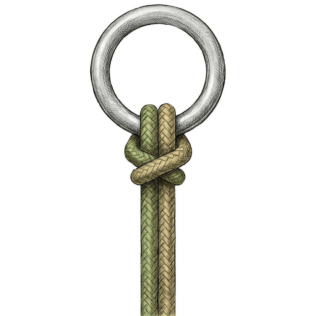 Illustration of the completed Bull Hitch tied to a metal ring, with the crossed turns of the doubled rope seated below the ring.