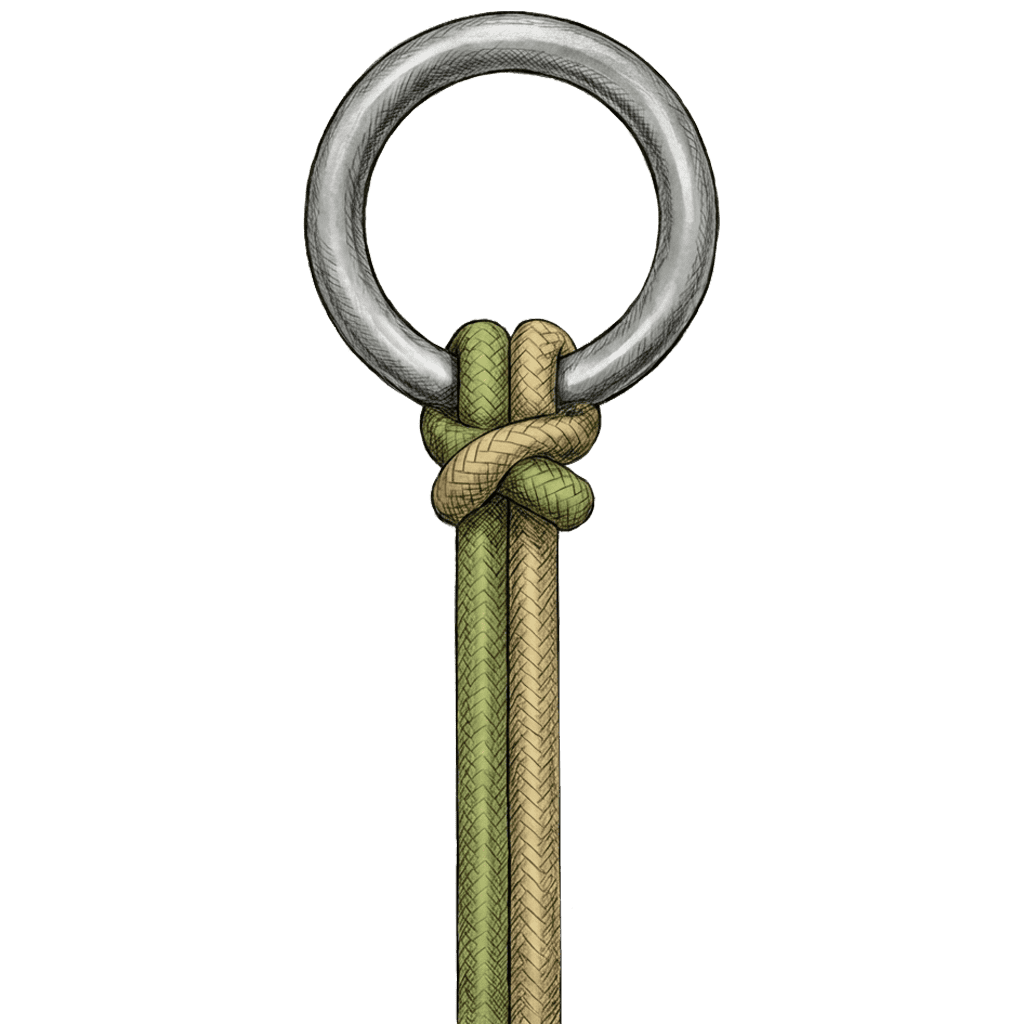 Illustration of the completed Bull Hitch tied in the bight to a metal ring, showing the locking X-cross formed below the ring.