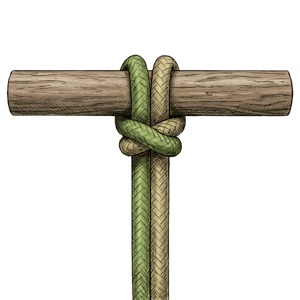 Illustration of the completed Bull Hitch (Method 3) attaching a rope to a metal ring, showing the doubled line locked by crossing turns just below the ring.
