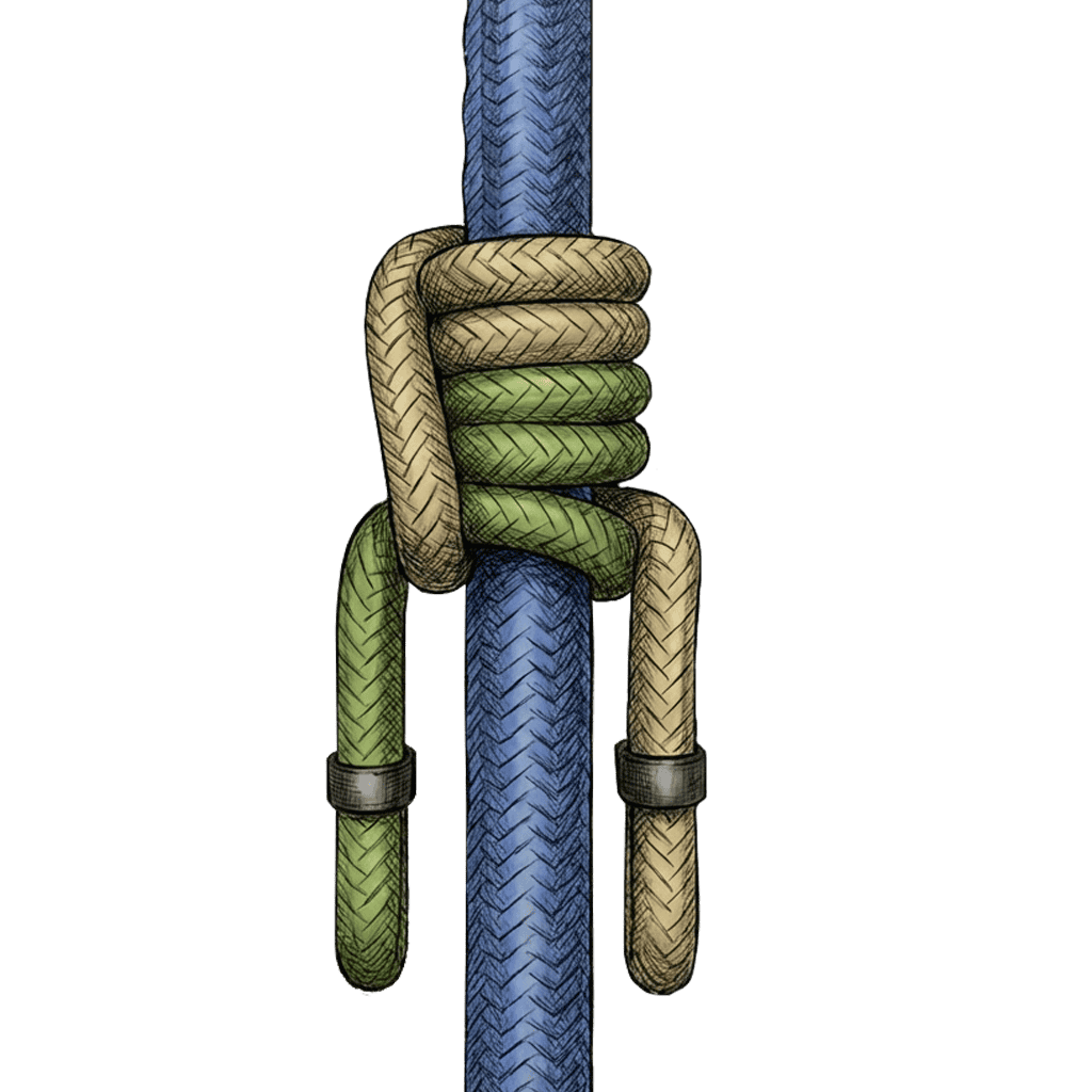 Illustration of the completed Michoacán Hitch, a doubled cord wrapped in stacked coils around a vertical rope, with both whipped tag ends hanging below the wraps.