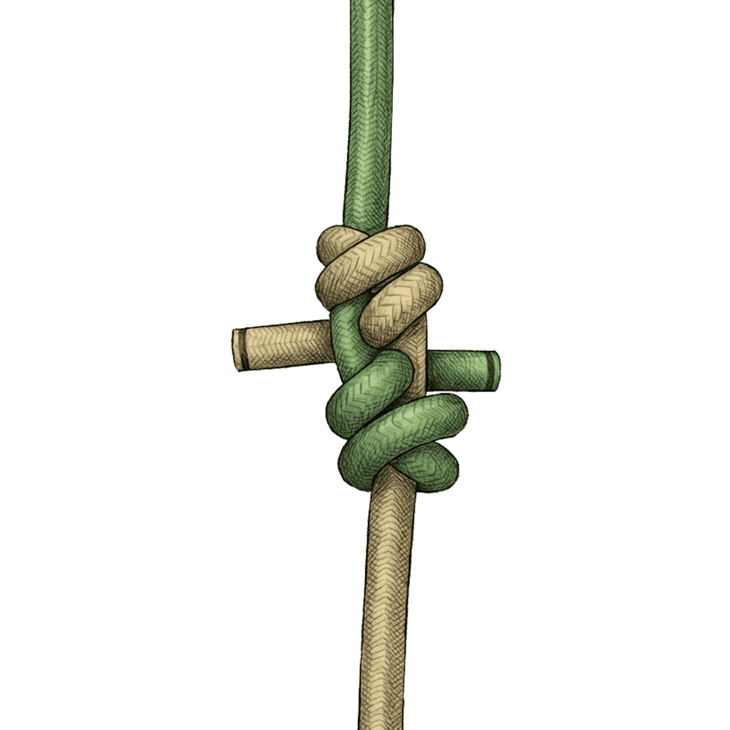 Illustration of the completed Barrel Bend rigged as a sling around a wooden barrel, showing two rope legs joined at the top by a knot to form a carrying handle.