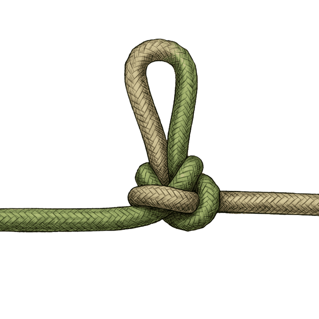 Illustration of the completed Ashley Mid-Line Loop tied in two-tone rope, showing a fixed loop locked by interlocking turns at its base with both ends of the line continuing past the knot.