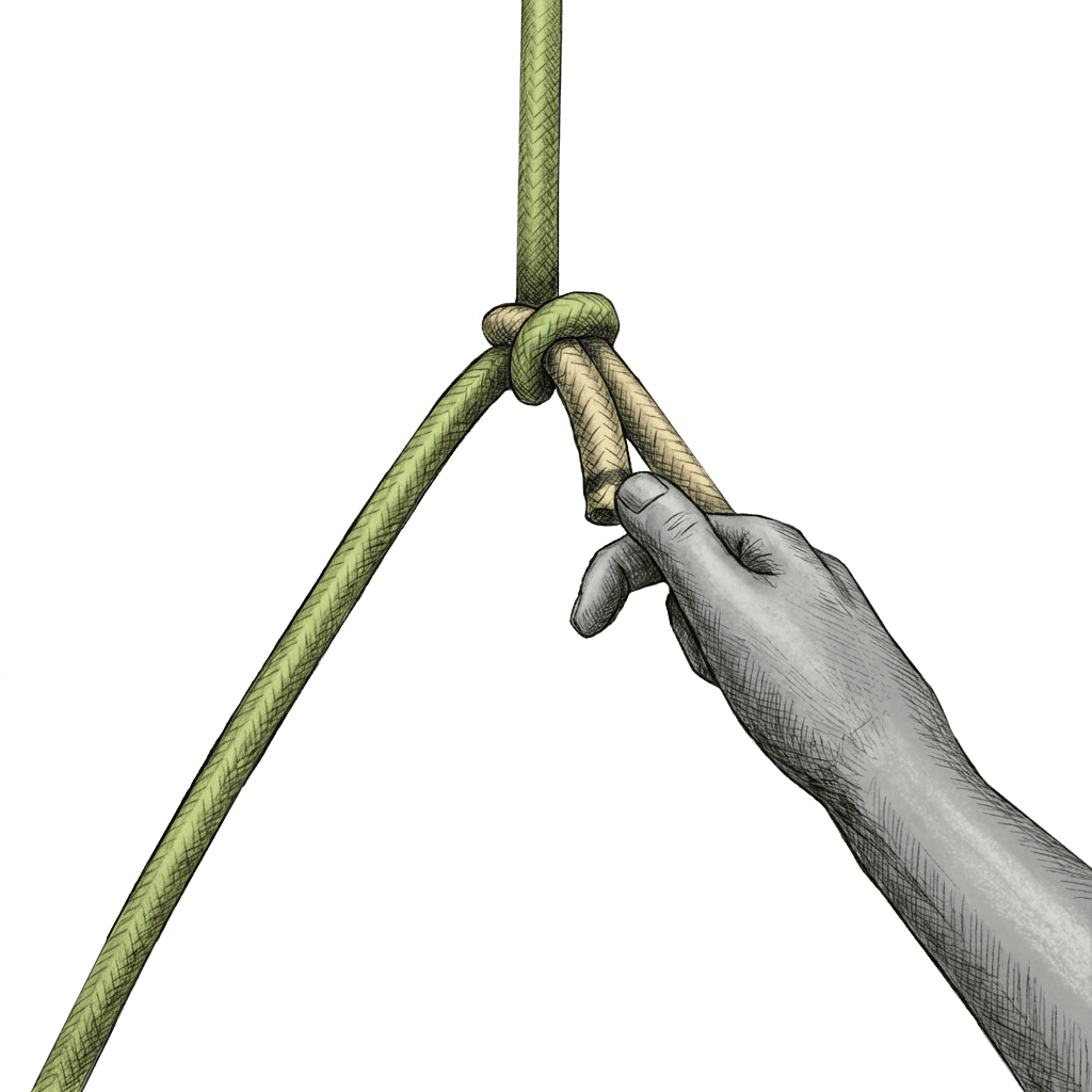Illustration of the completed One-Handed Bowline, with a hand pulling the tag end through the finished knot at the top of a large hanging loop.