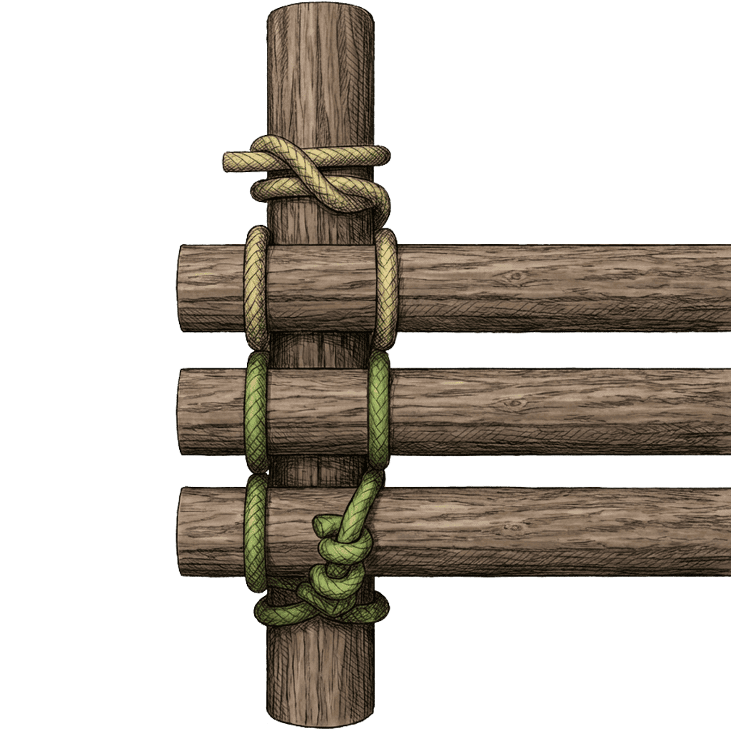 Illustration of the completed Floor Lashing binding three horizontal poles against an upright post, with rope looping around each pole in turn and finished with knots at the top and bottom.