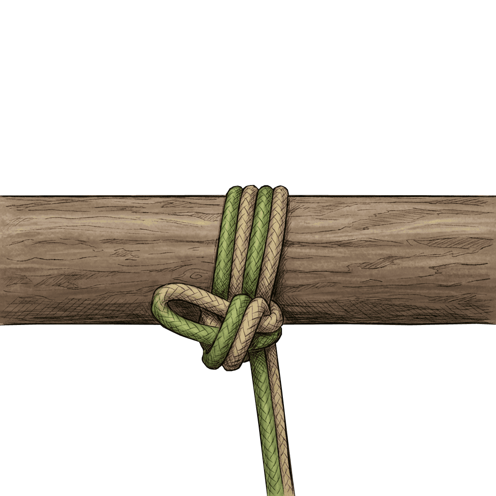 Illustration of the completed Single Column Tie wrapped around a horizontal wooden beam, with several parallel wraps gathered by a small knot and loop finishing on the underside.