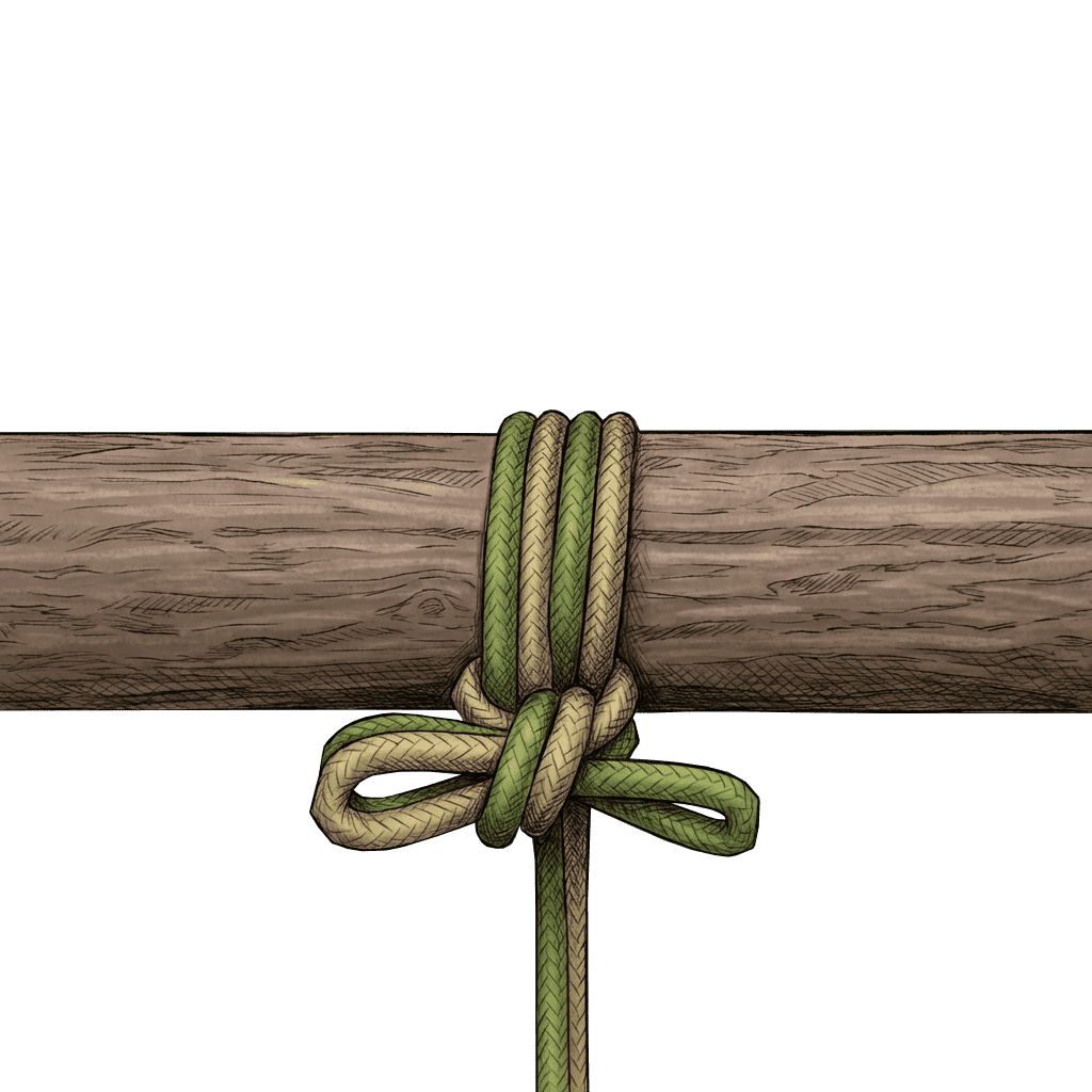 Illustration of the completed Single Column Tie with quick release, wrapped around a horizontal wooden beam and finished underneath with a bow of two pull-out loops.