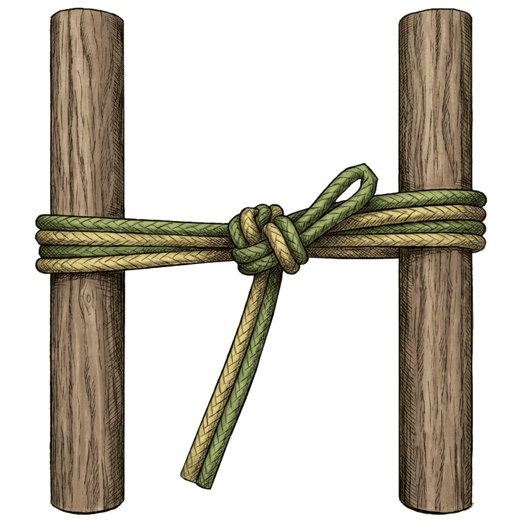Illustration of the completed Double Column Tie binding two posts together, showing several wrapping turns locked by a knot with a finishing loop and tail hanging at the front.