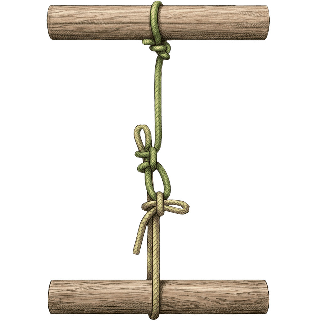 Illustration of the completed Trucker's Hitch (Cow Hitch Variant), the friction loop and slipped lock-off tensioned between two wooden spars.