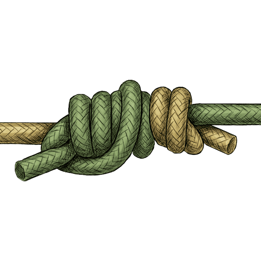 Illustration of the completed GT Knot joining braided mainline to a fluorocarbon leader with tight finger-trap wraps.