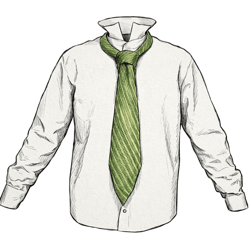 Illustration of the completed Full Windsor Knot tied in a green striped necktie, with a wide symmetrical triangular knot at the collar of a white dress shirt.