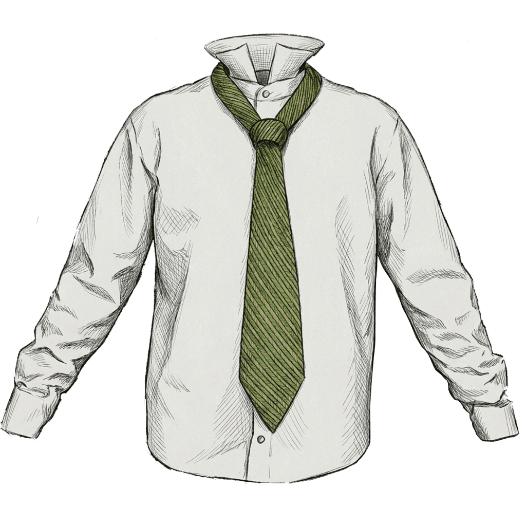 Illustration of the completed Half Windsor Knot tied in a green striped necktie, with a neat medium-width triangular knot at the collar of a white dress shirt.