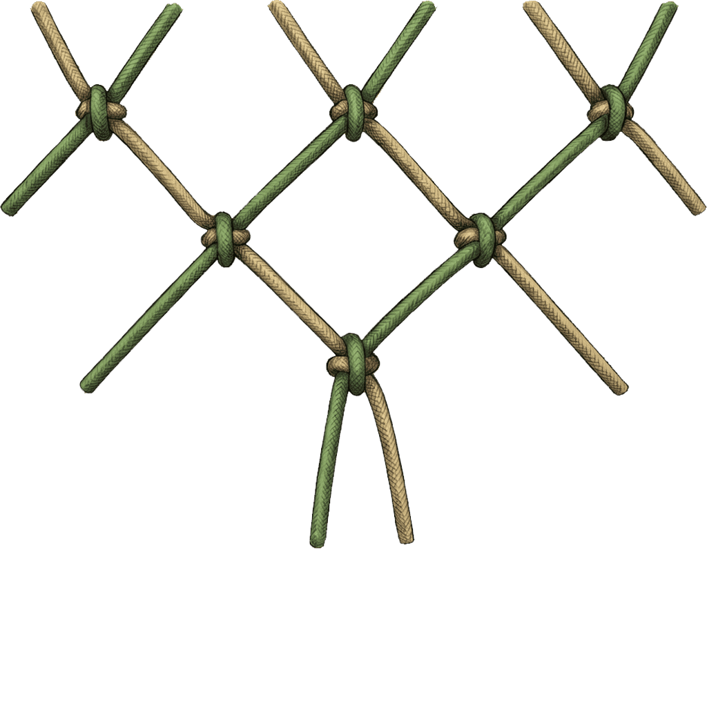 Illustration of the completed Net Making Cross Knot, showing a diamond mesh of two cords with a small cross knot binding each intersection and two working ends hanging below.