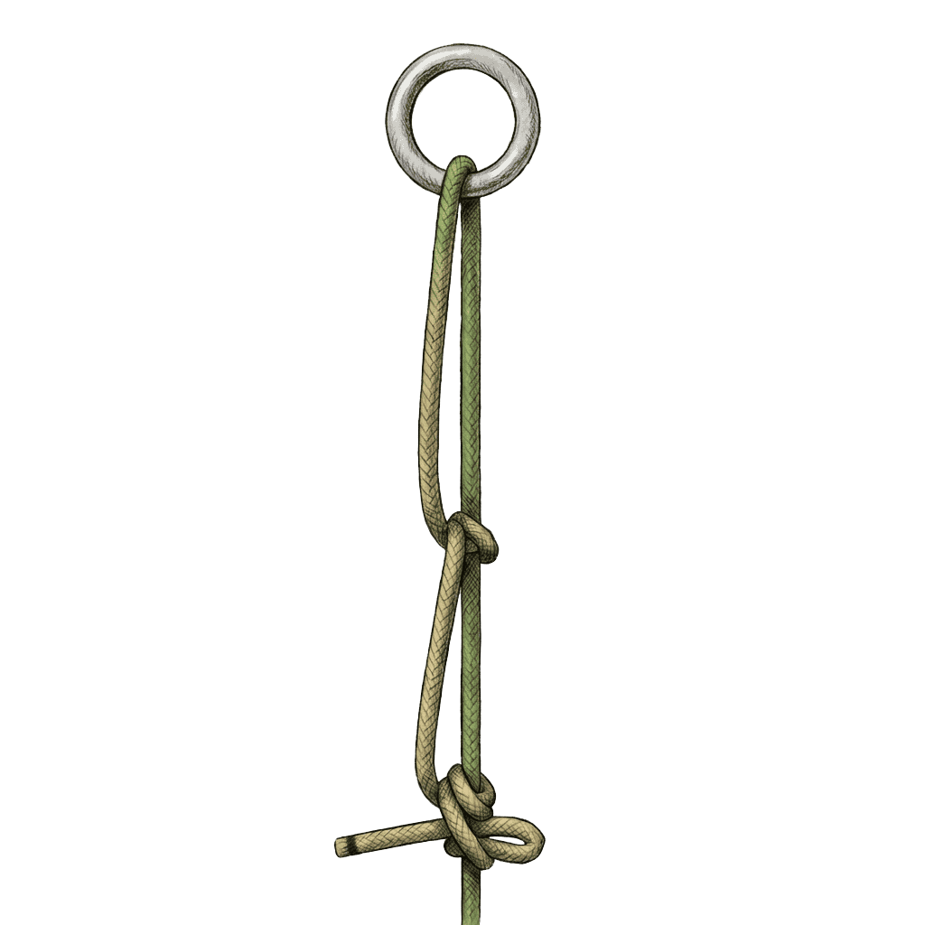 Illustration of the completed Airplane Hitch, tied to a metal ring with two adjustable hitches stacked on the standing part.