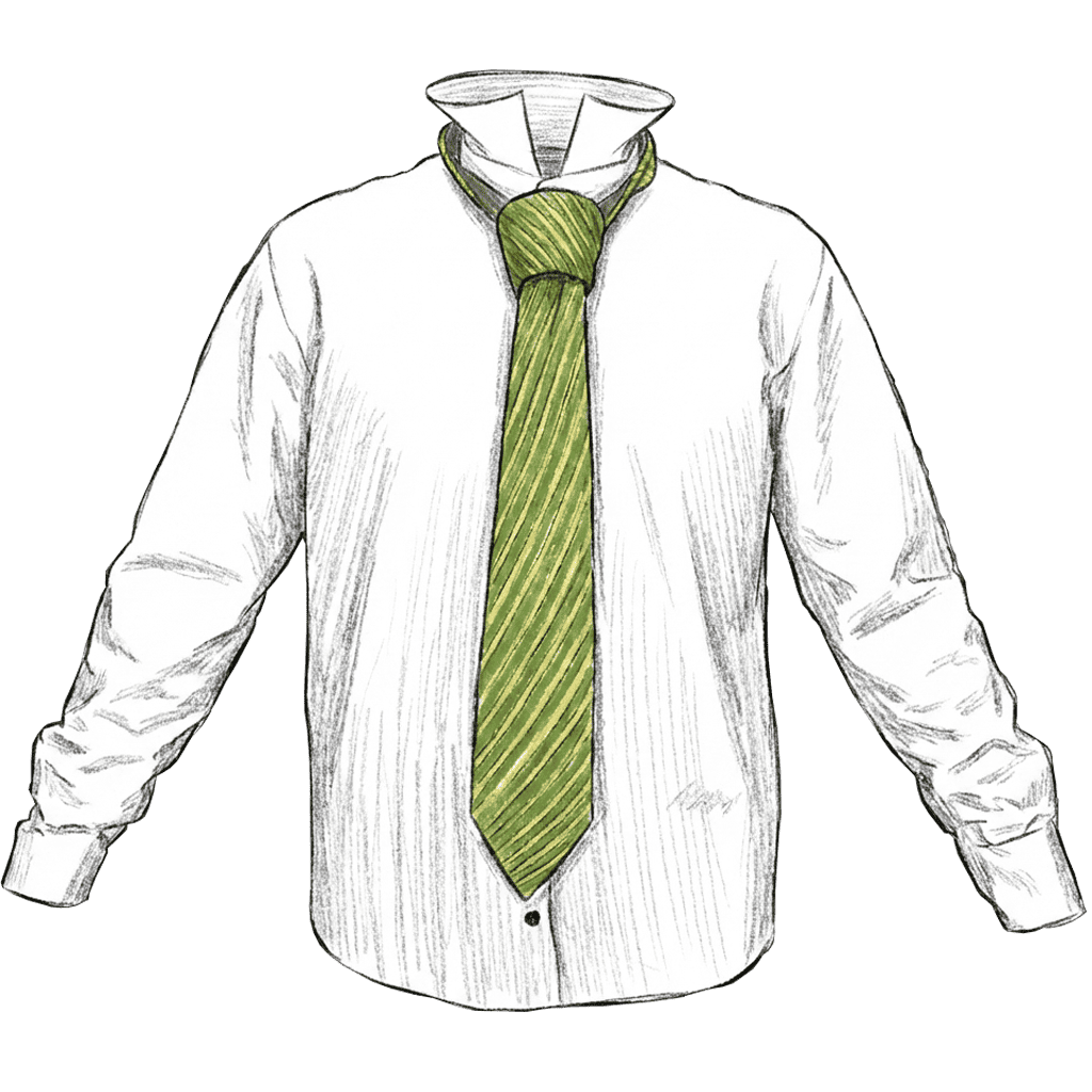 Illustration of the completed Kelvin Knot tied in a necktie, showing the finished slim, slightly angled knot at the collar.