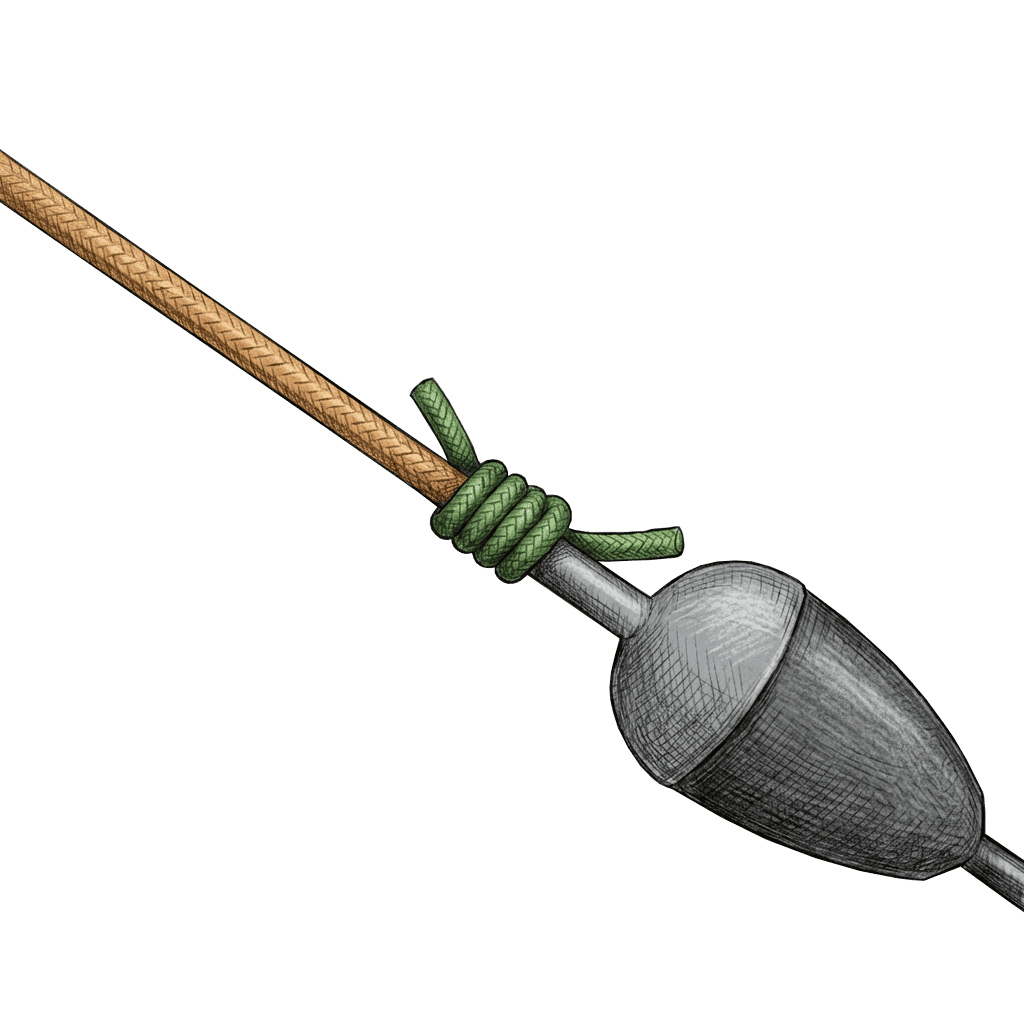 Illustration of the completed Bobber Stop Knot, a small adjustable stopper tied onto a fishing main line to set slip-bobber depth.