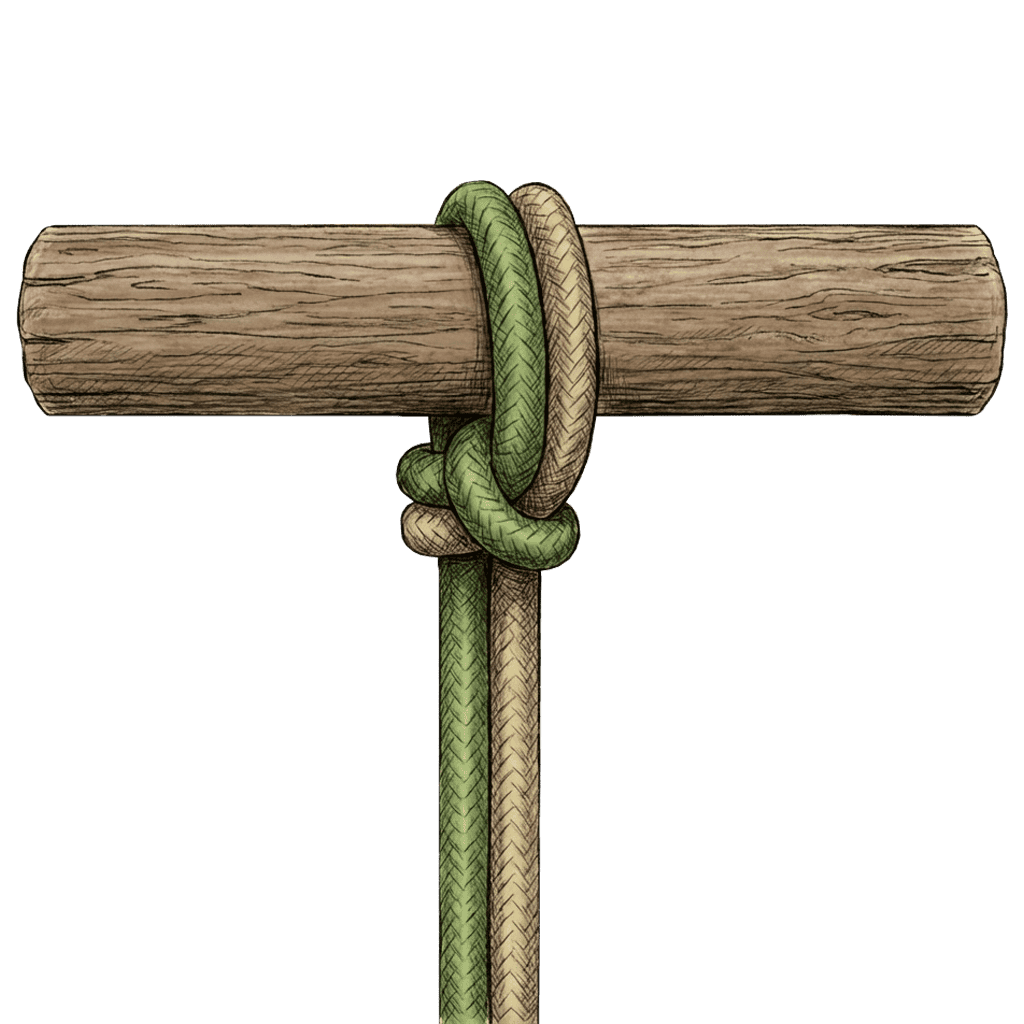 Illustration of the completed Double Ring Hitch, with the rope passed twice around a wooden rail before the hitch is drawn up.