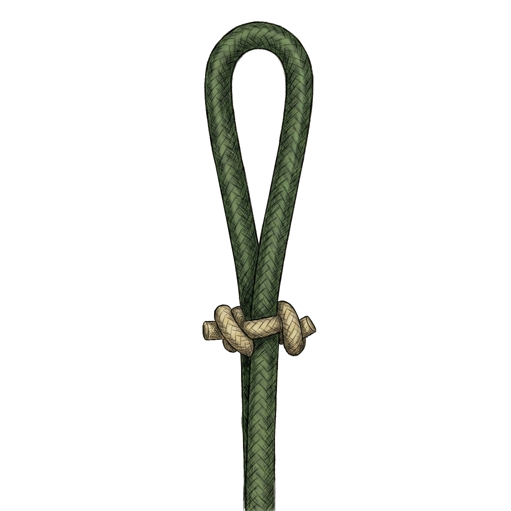 Illustration of the completed Sliding Gear Toggle, a large fixed loop tied above a toggle knot that grips the standing line and slides to adjust the loop's size.