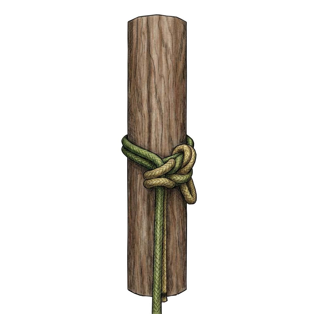 Illustration of the completed JRB Hitch tied around a tree trunk.