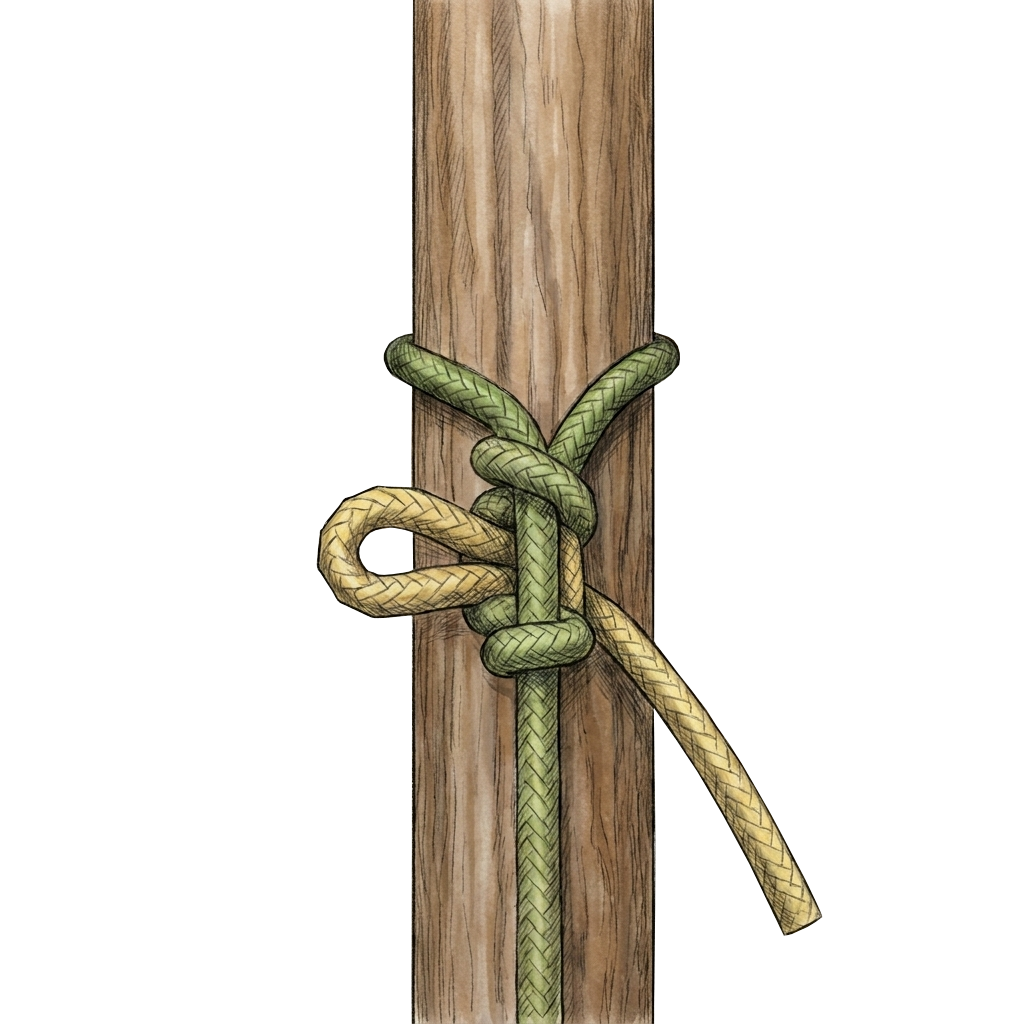 Illustration of the completed Running Highwayman's Hitch tied around a post.