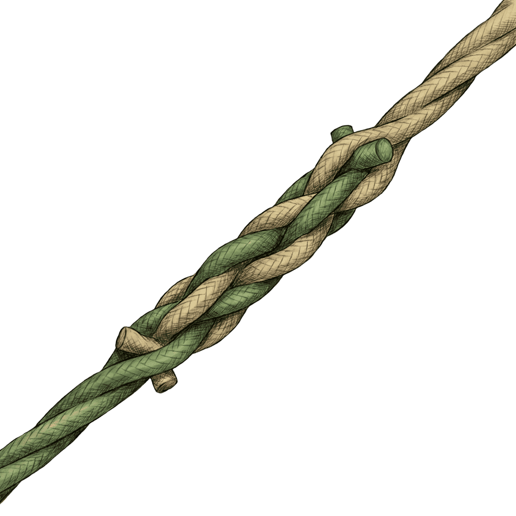 Illustration of the completed Short Splice, showing two rope ends woven together with their strands interlocking.