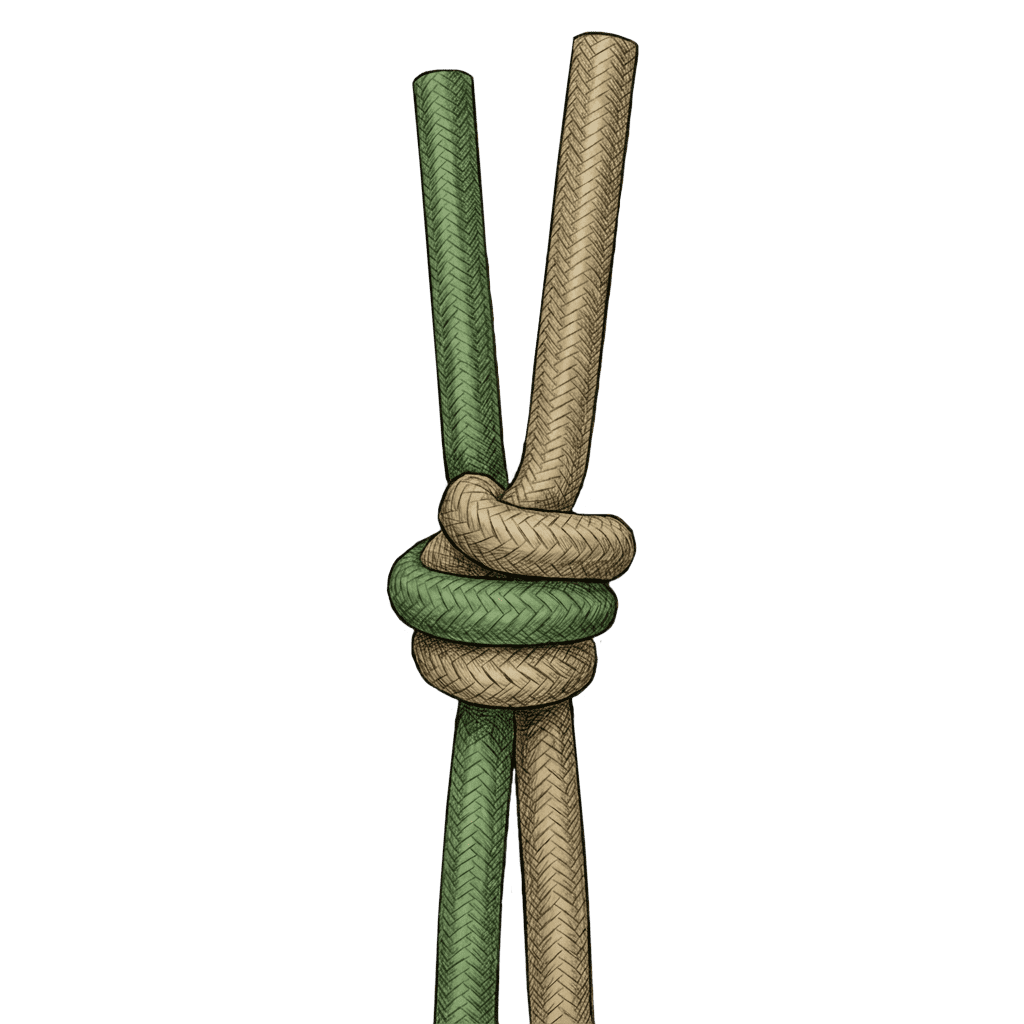 Illustration of the completed Matthew Walker Knot (2 Strand), showing two cords woven into a tight spiral bead.