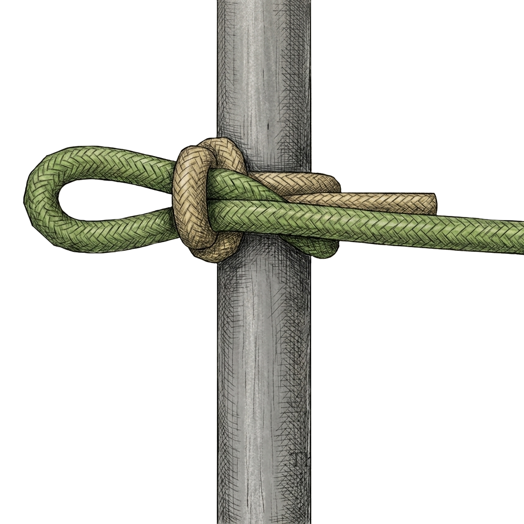 Illustration of the completed Retrieval Knot's loop-and-toggle grab rig.