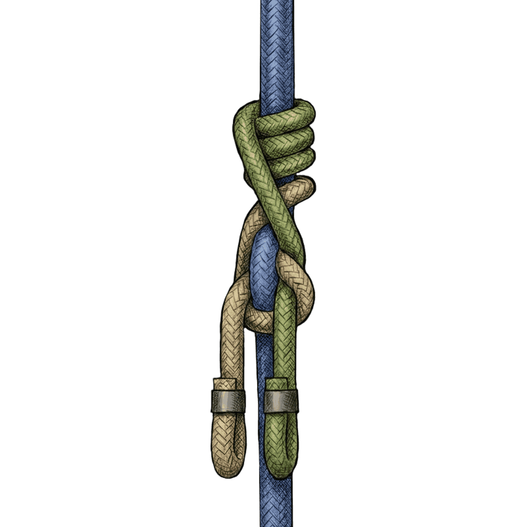 Illustration of the completed Catalyst Hitch, a self-tending arborist friction hitch tied on a climbing line.