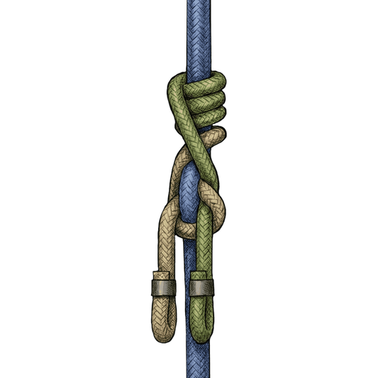 Illustration of the completed Catalyst Hitch, a self-tending arborist friction hitch tied on a climbing line.