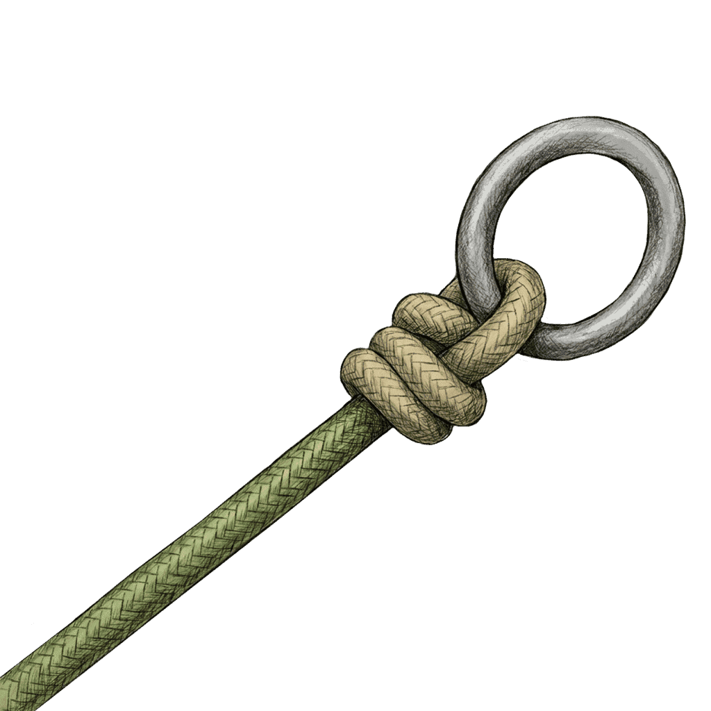 Illustration of the completed Halyard Hitch, securing a line to a metal ring with two turns and a tucked end.