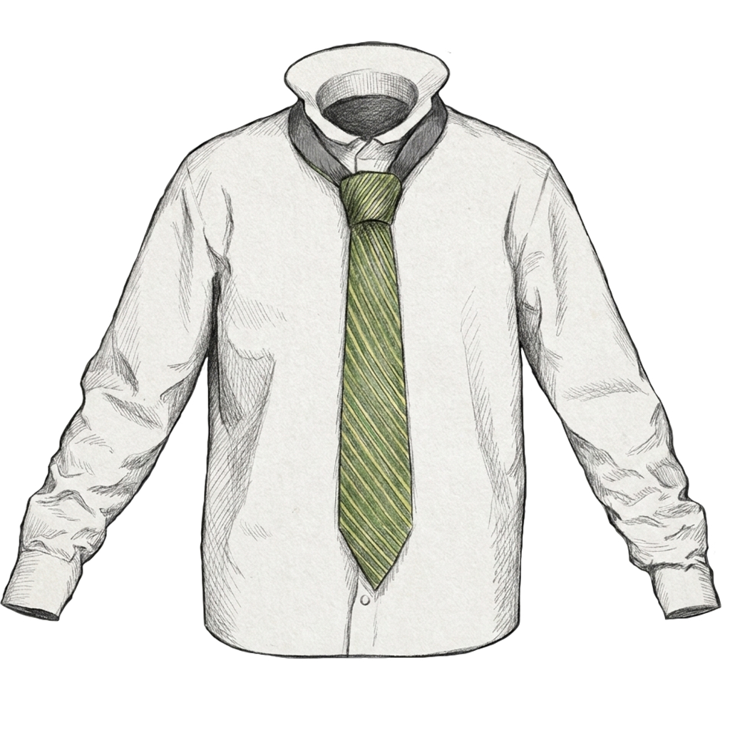 Illustration of the completed Pratt Knot tied in a necktie, showing the finished symmetric triangular knot at the collar.