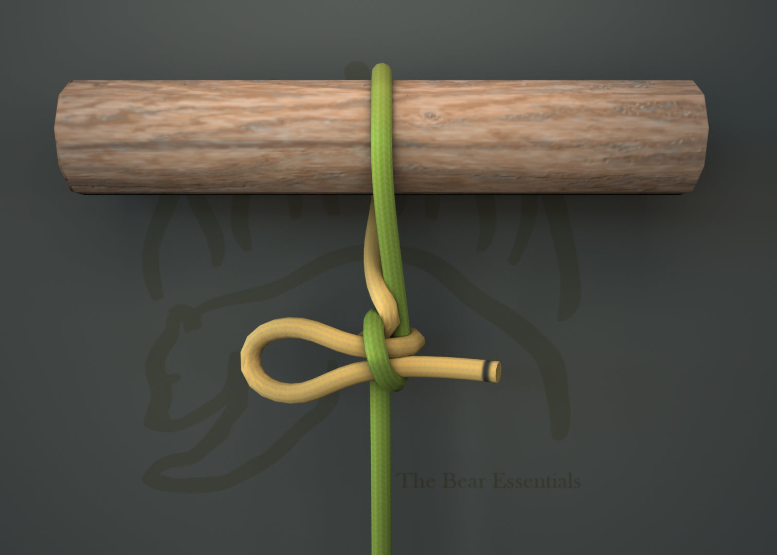 Kalmyk loop knot tied around a wooden pole with green and yellow rope.