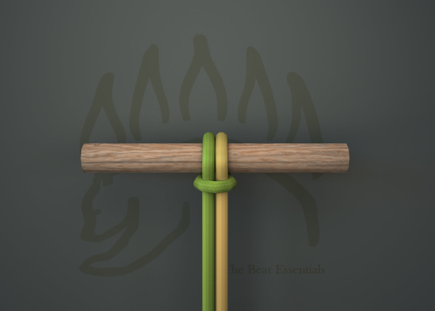 Lark's Head (Cow Hitch) knot tied with green and yellow cords on a wooden rod.