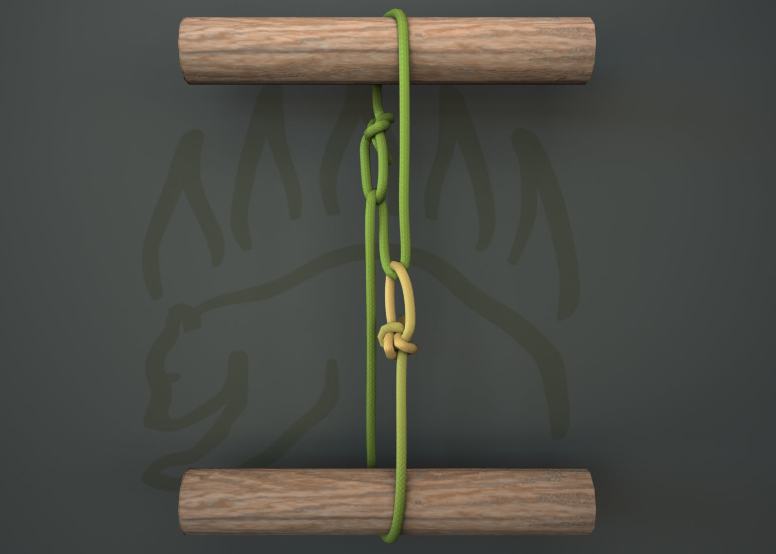Poldo tackle knot securing two wooden rods with green and yellow ropes.