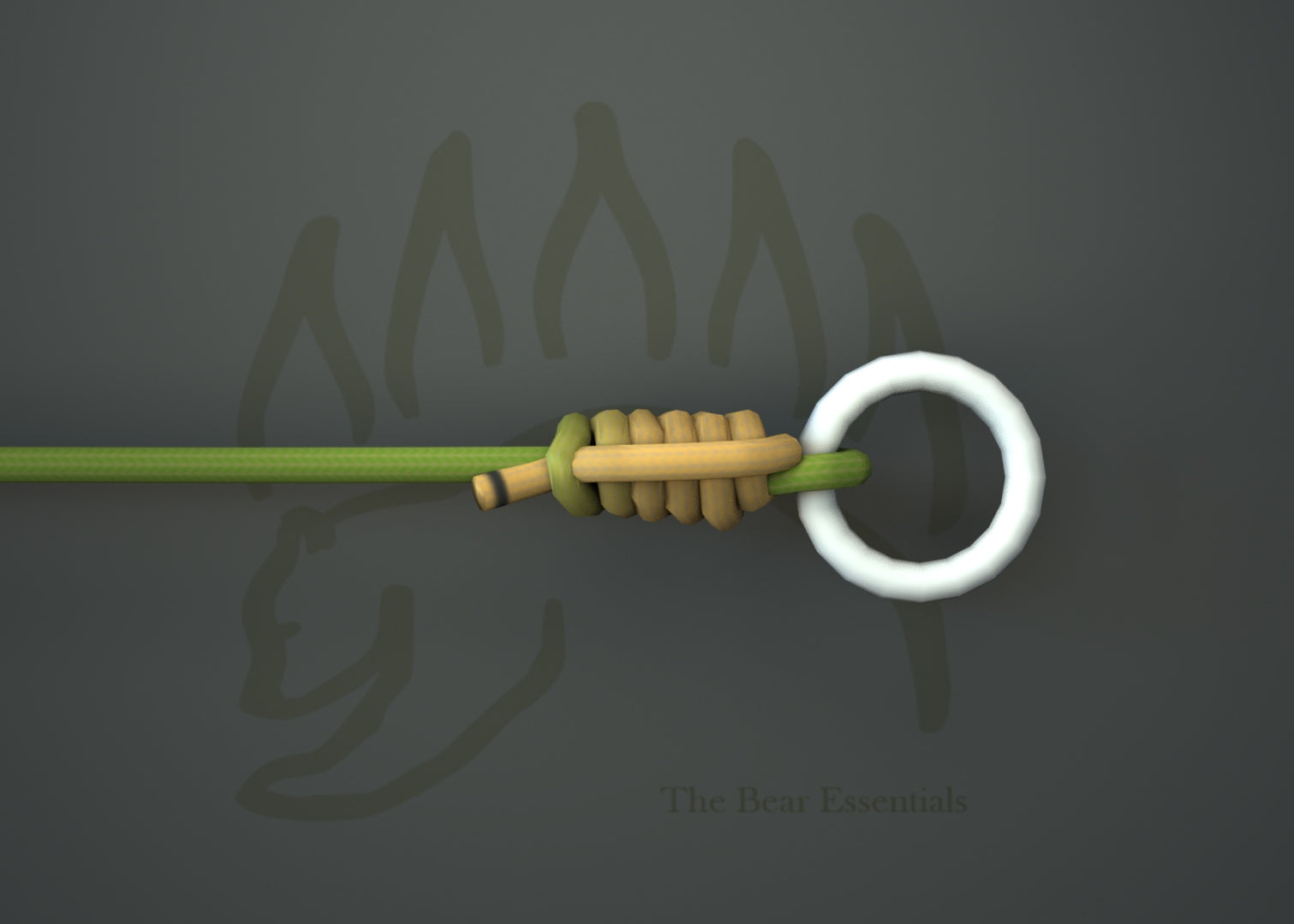 San Diego Jam Knot tied securely to a metal ring with green line.