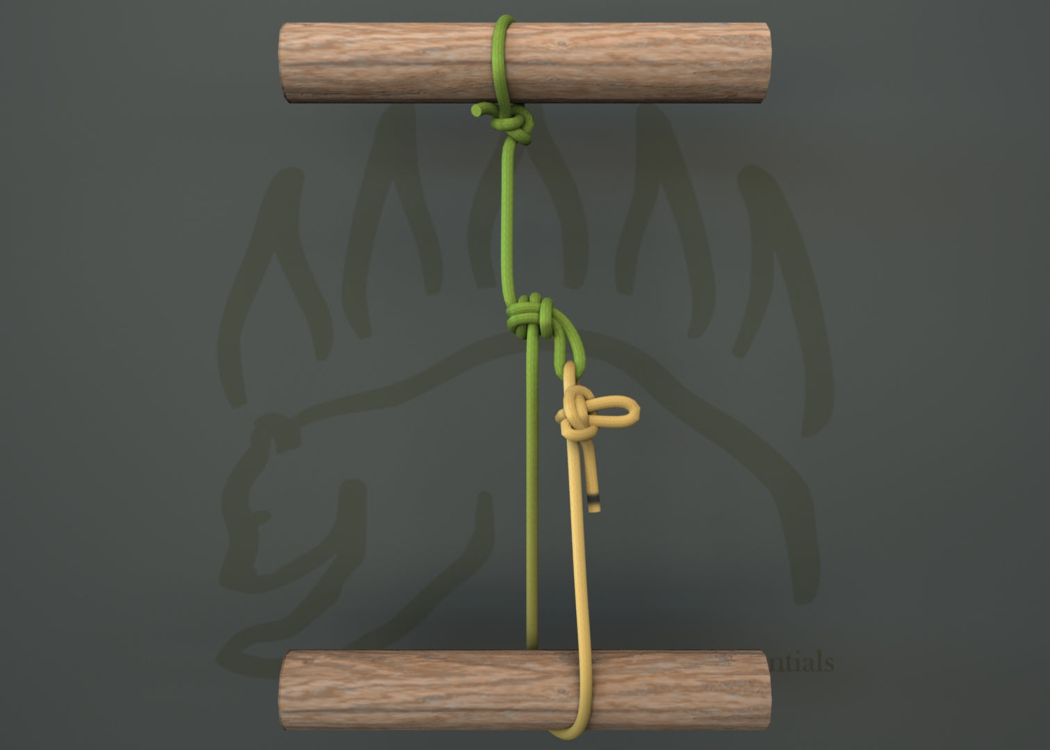 Trucker’s Hitch Double Dragon knot securing rope between two wooden bars