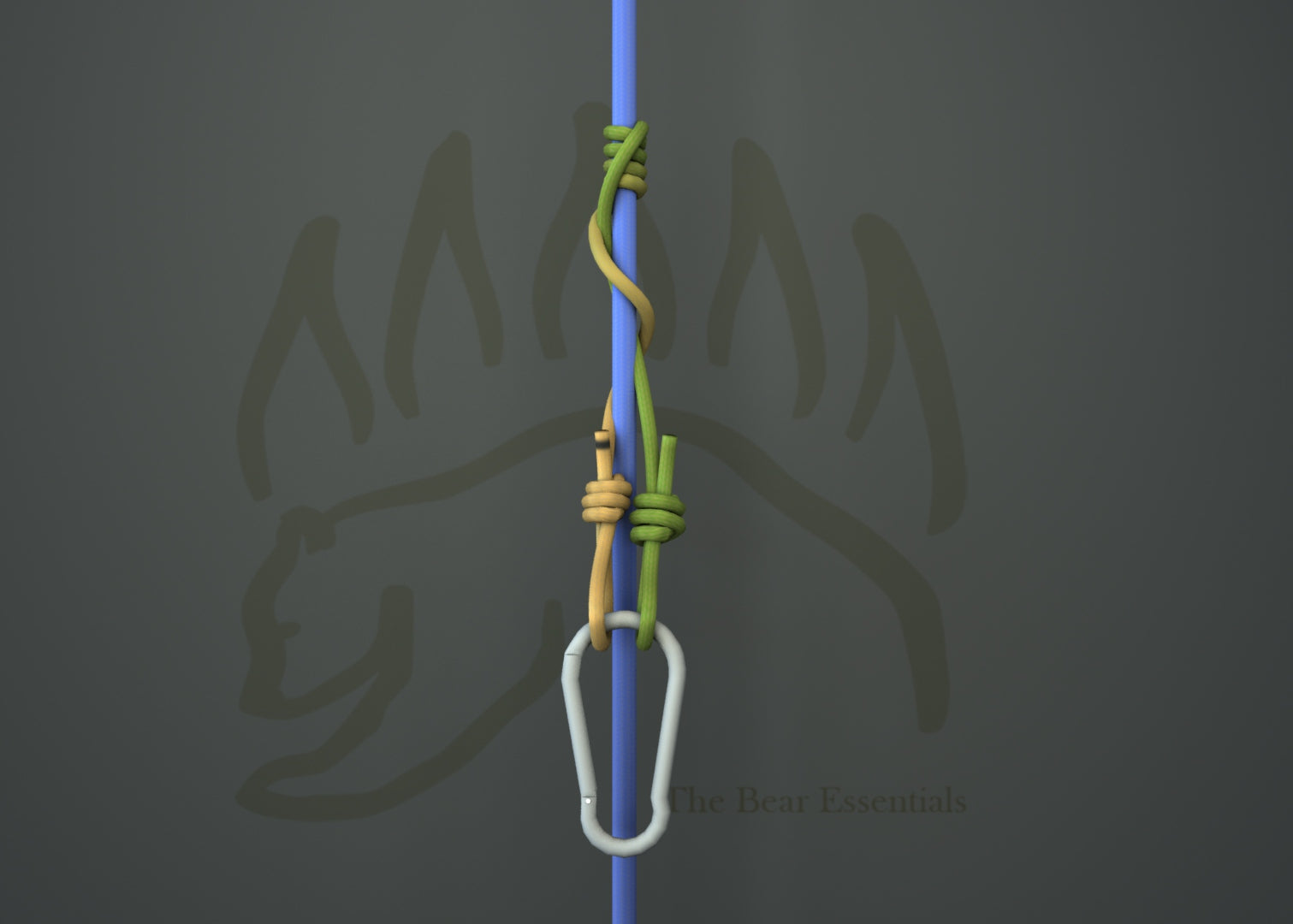 VT knot tied on a blue rope with carabiner for climbing safety.