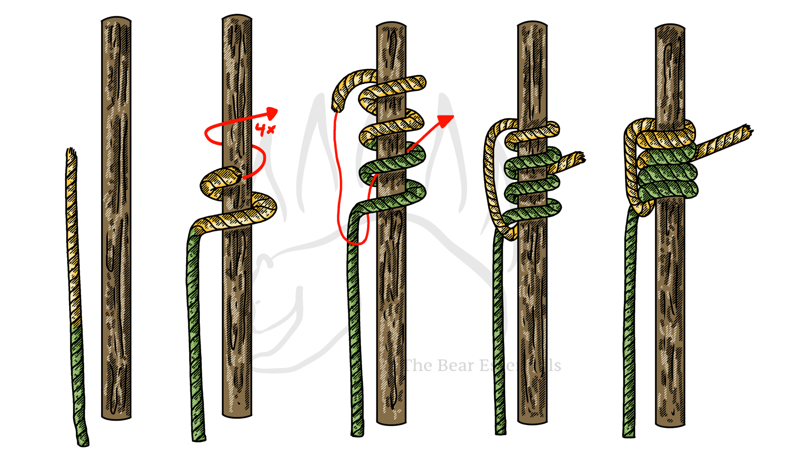 Step-by-step guide showing how to tie the Blake's Hitch knot on a pole.