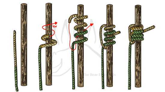 Step-by-step guide showing how to tie the Blake's Hitch knot on a pole.
