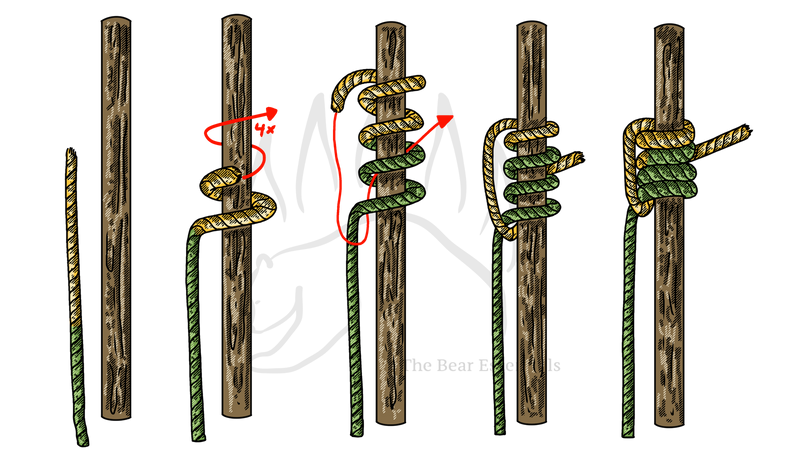 Step-by-step guide showing how to tie the Blake's Hitch knot on a pole.