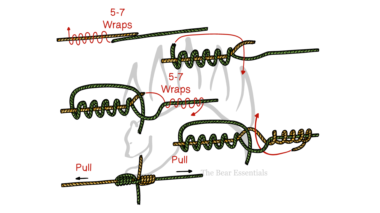 Step-by-step illustration showing how to tie the Blood Knot for fishing lines.