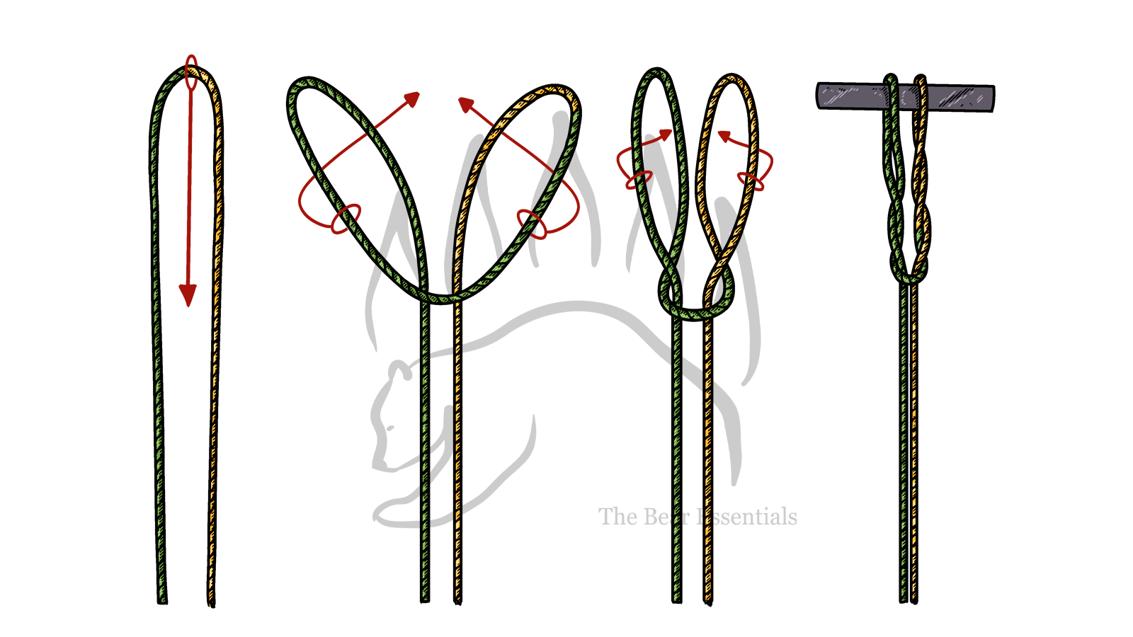 Step-by-step guide showing how to tie the Cat’s Paw knot with rope.