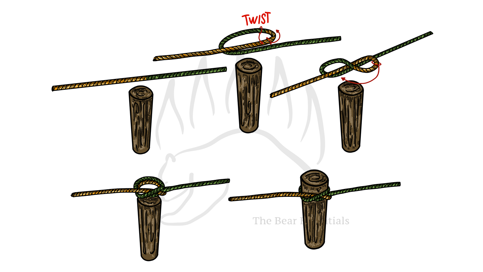 Step-by-step guide to tying the Constrictor Knot on a bight mid-line.