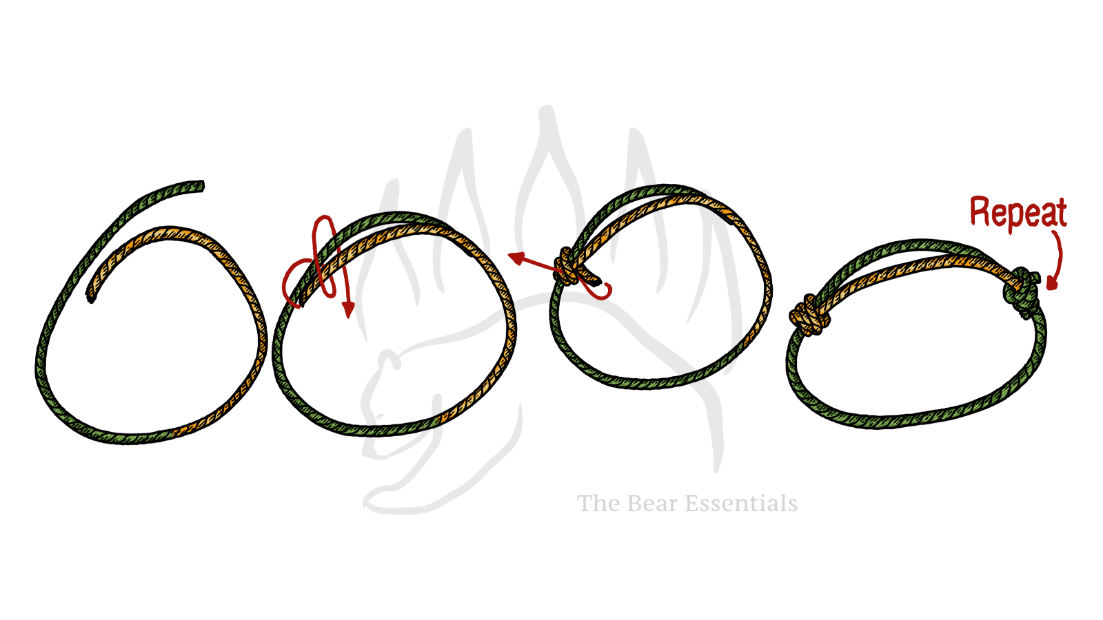 Step-by-step guide to tying the Double Rolling Hitch Bend knot.
