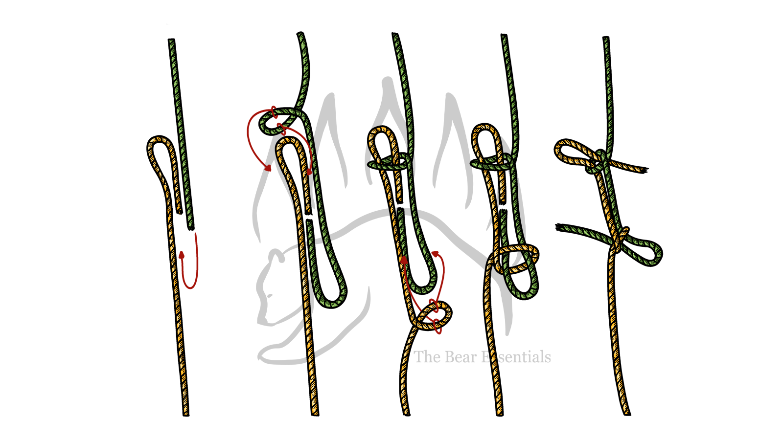 Step-by-step guide showing how to tie the Kamikaze knot with rope.