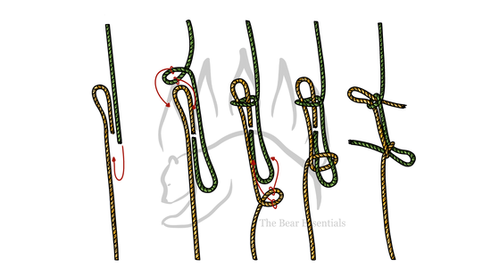 Step-by-step guide showing how to tie the Kamikaze knot with rope.