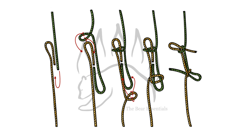 Step-by-step guide showing how to tie the Kamikaze knot with rope.