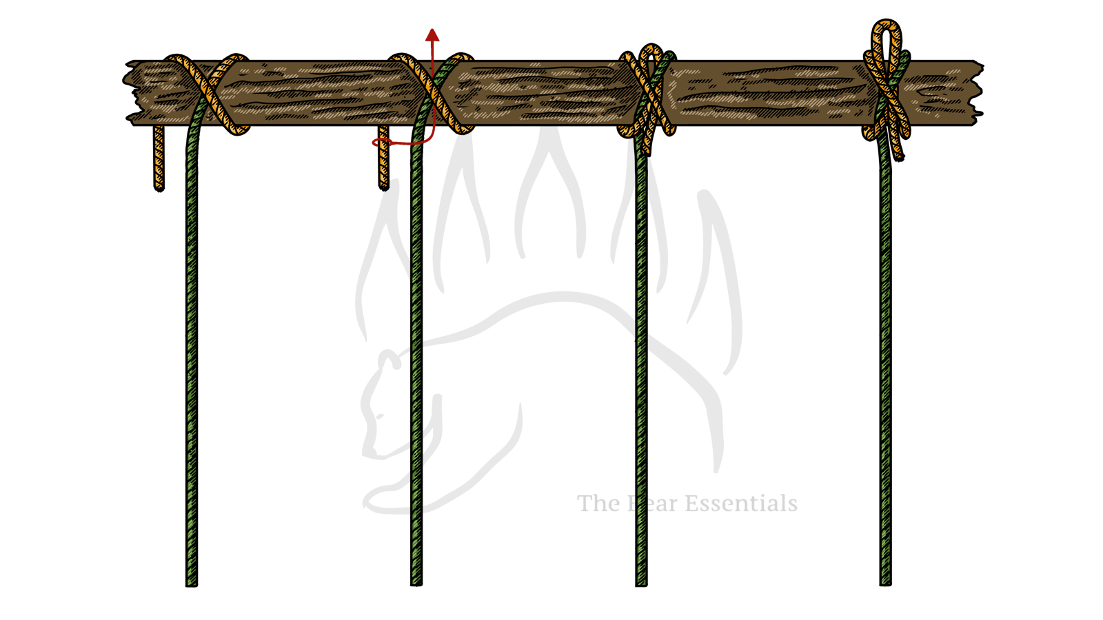 Slipped constrictor knot tied around a log with multiple ropes.