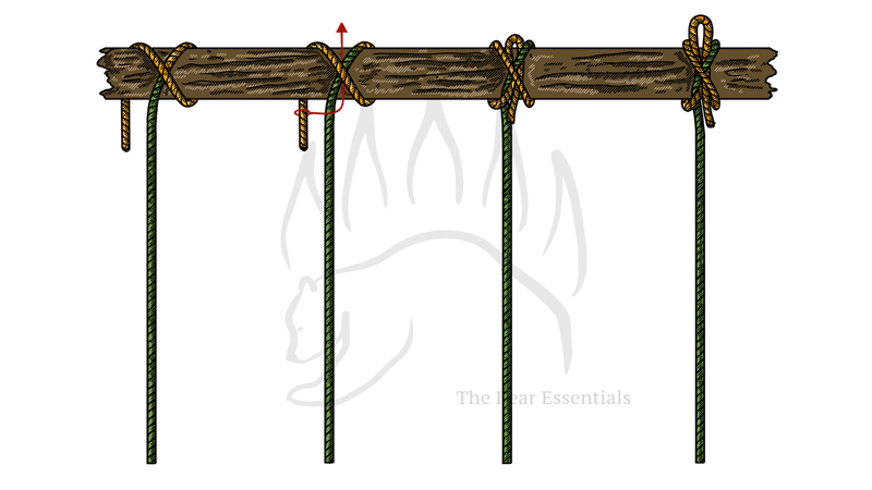 Slipped constrictor knot tied around a log with multiple ropes.