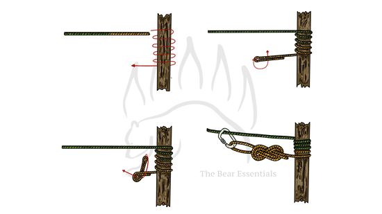 Tensionless hitch knot tied with carabiner on pole using rope wraps.